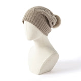 100% Cashmere Cable Knit Beanie with Fur Pom Pom Warm Winter Hat for Women