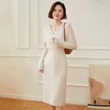 Women's Cashmere Wool Blend V Neck Sweater Dress Midi Knit Dress
