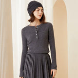Women’s 100% Cashmere Ribbed Henley Slim Fit Crew Neck Pullover Sweater