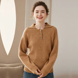 Women’s Cashmere Wool Polo Textured Button Neck Knit Sweater