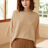 Women’s 100% Cashmere Mock Neck Three-Quarter Sleeve Sweater