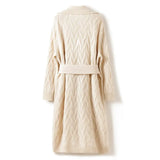 Women’s Cashmere Cable Knit Long Cardigan Coat Belted Mid-Length Sweater
