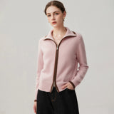 Women's 100% Cashmere Contrast Trim Zip-Up Cardigan with Collar